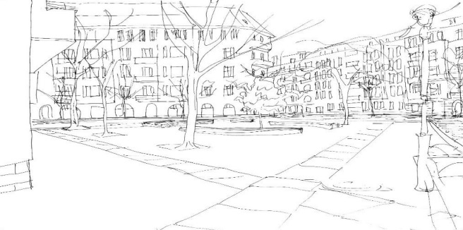 So könnte der Stadtplatz Wundtstraße Ecke Horstweg einmal aussehen. Zeichnung: BACW